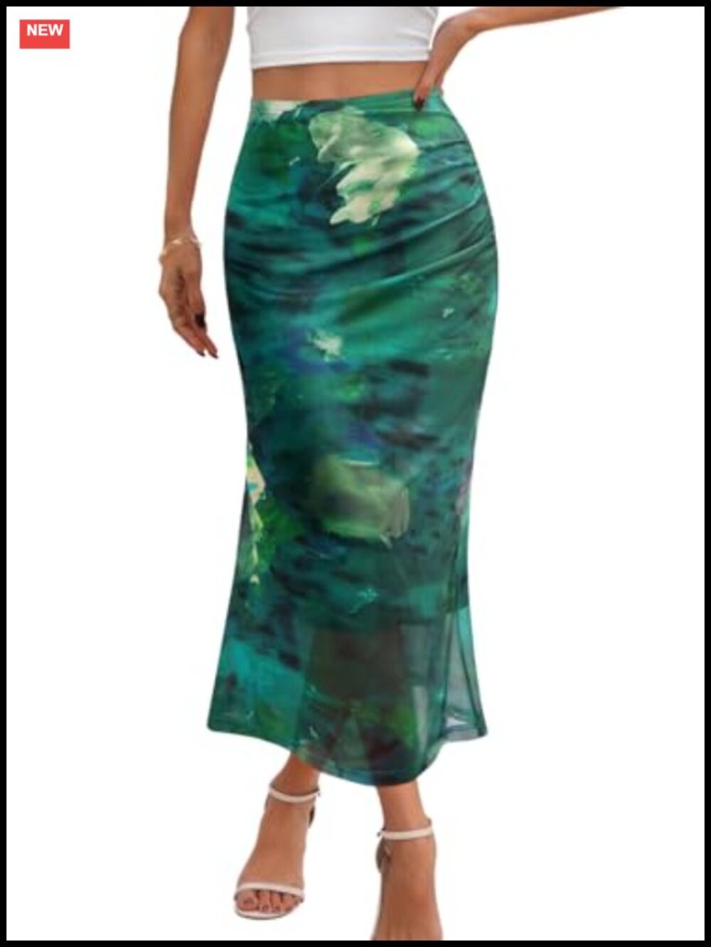 Women's Floral Mesh Midi Skirt High Waist Bodycon Ruffle Lined